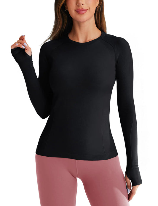 BAYDI Workout Shirts for Women Long Sleeve Workout Tops Seamless Compression Yoga Shirts Gym Athletic Tops with Thumbholes Black
